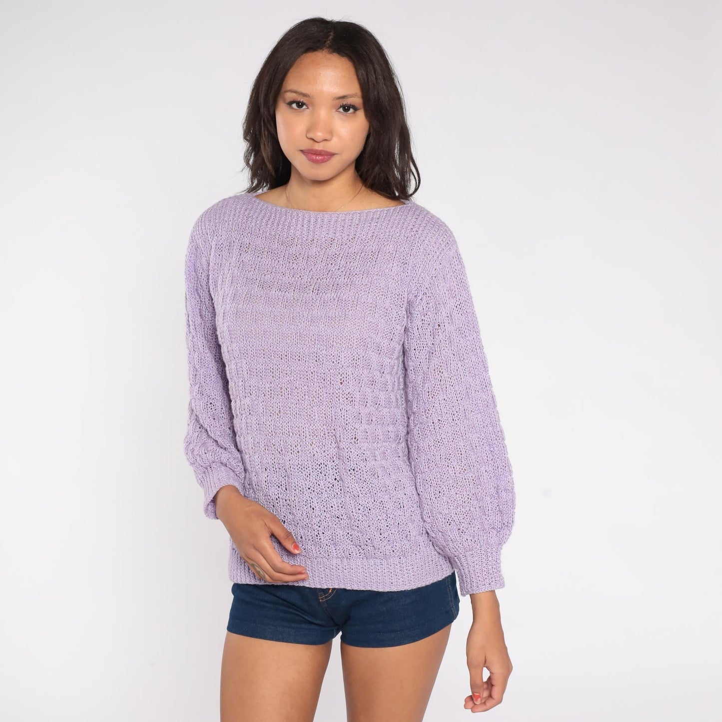 80s Lavender Knit Sweater Loose Weave Crew Neck Pullover Medium M