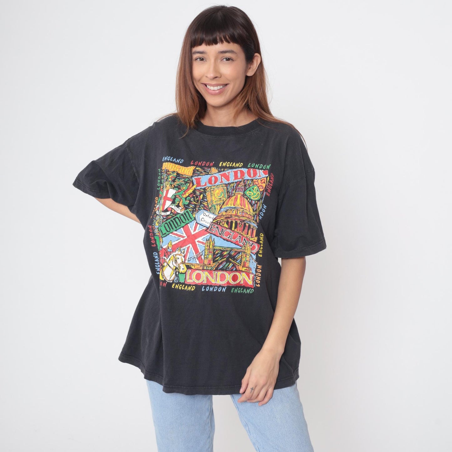90s London Tourist Graphic Tee Black Union Jack Big Ben Extra Large XL