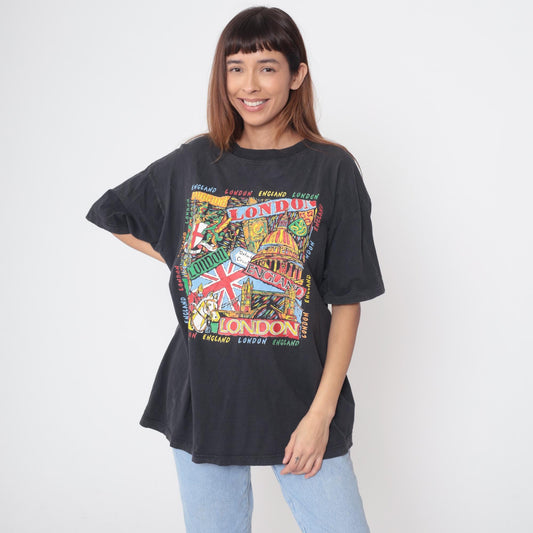 90s London Tourist Graphic Tee Black Union Jack Big Ben Extra Large XL