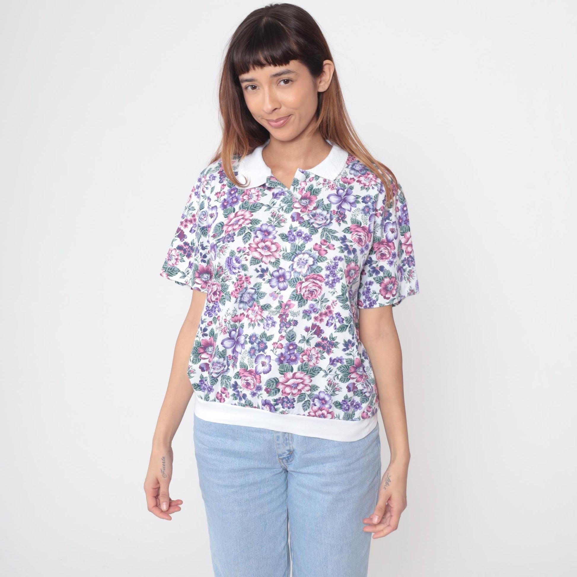 90s Cascade Blues Floral Polo Shirt Pink Purple Rose White Collar Large L