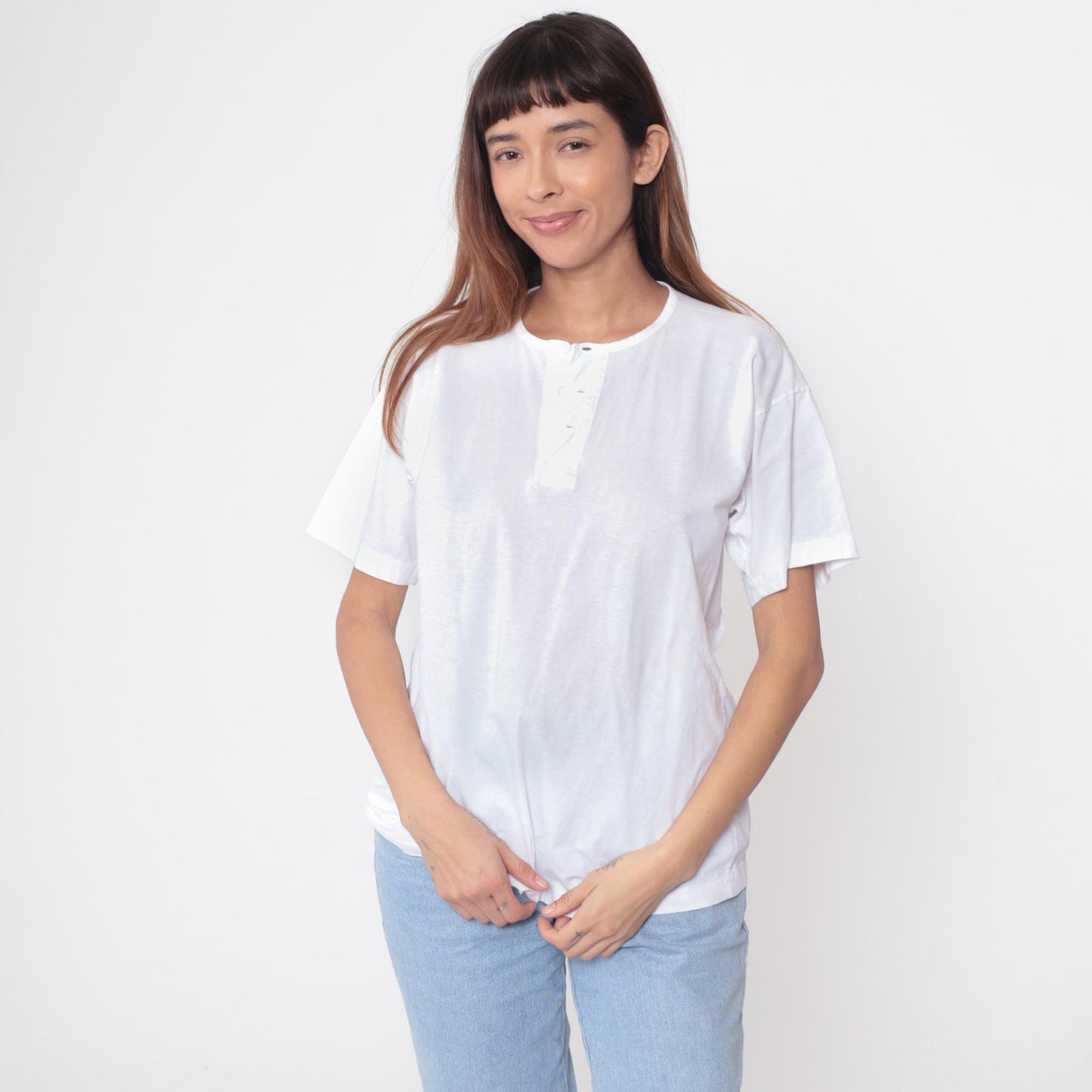 90s Lixin White Henley Cotton T-Shirt Button Placket Short Sleeve Medium
