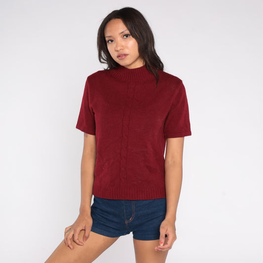 80s Joan Leslie Burgundy Mock Neck Ribbed Knit Top Short Sleeve Large L