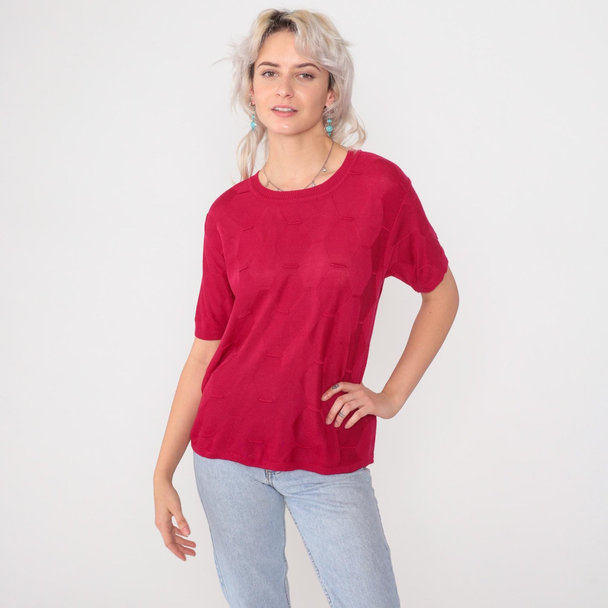 80s Red Horizontal Stripe Knit Sweater Crew Neck Short Sleeve Medium