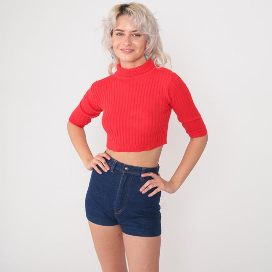 70s Red Ribbed Knit Crop Sweater Mock Neck Three Quarter Sleeve Small