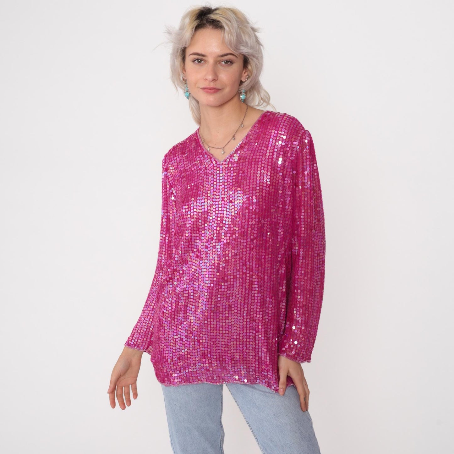 90s Hot Pink Sequin Silk Blouse Iridescent V-Neck Long Sleeve Small