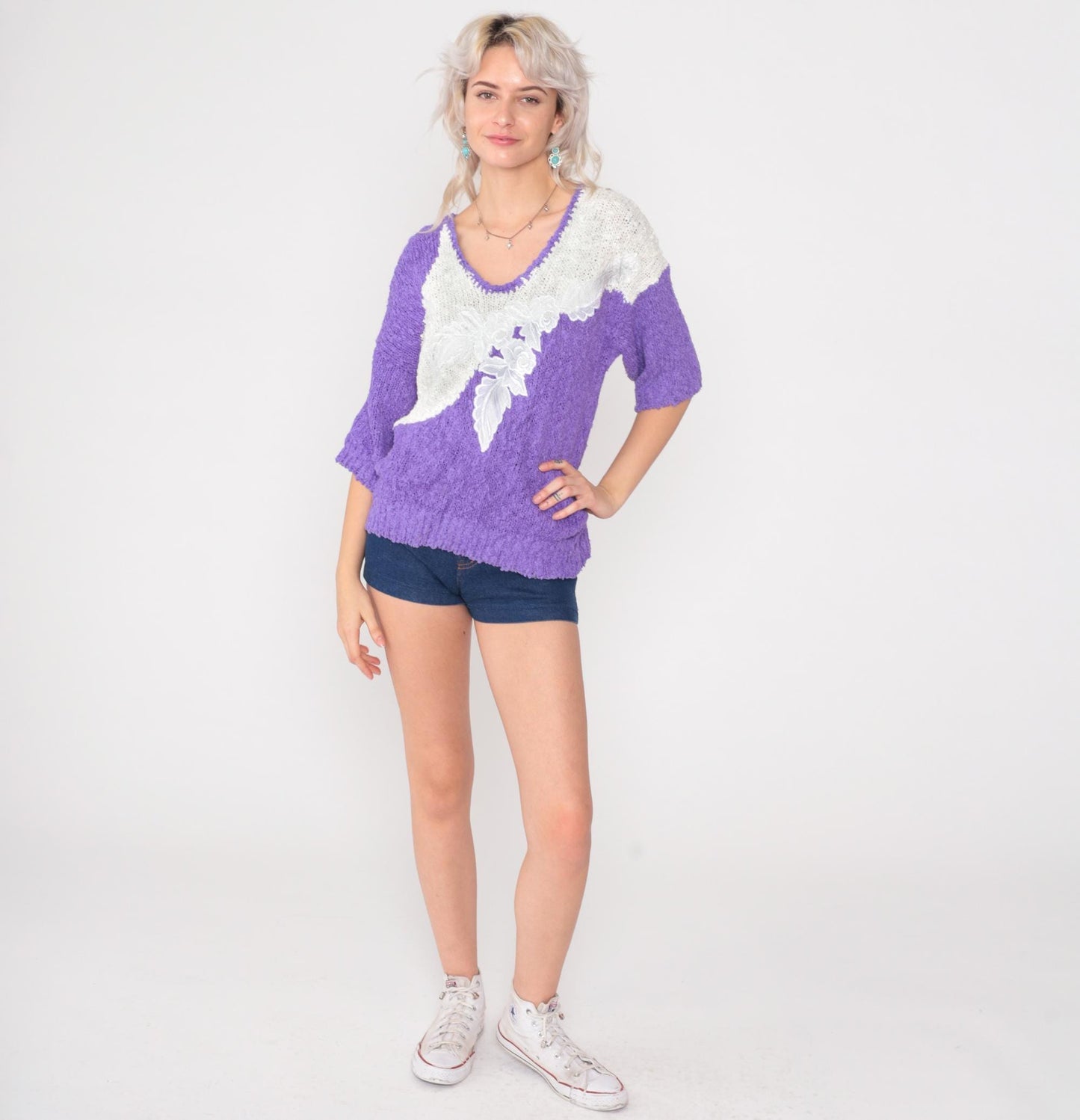 80s Purple Cream Color Block Sweater Leaf Appliqué V-Neck Small S