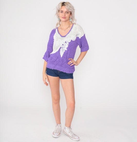 80s Purple Cream Color Block Sweater Leaf Appliqué V-Neck Small S