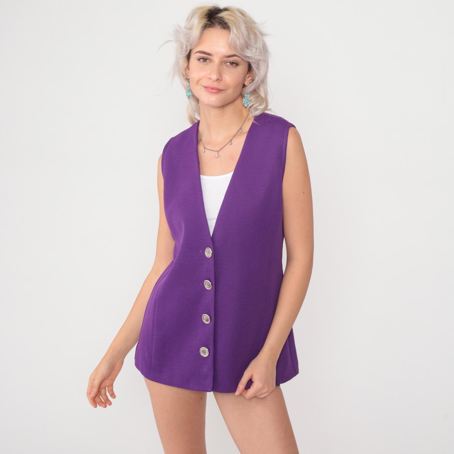 70s Purple Button Front Vest V Neck Textured Knit Sleeveless Waistcoat Medium