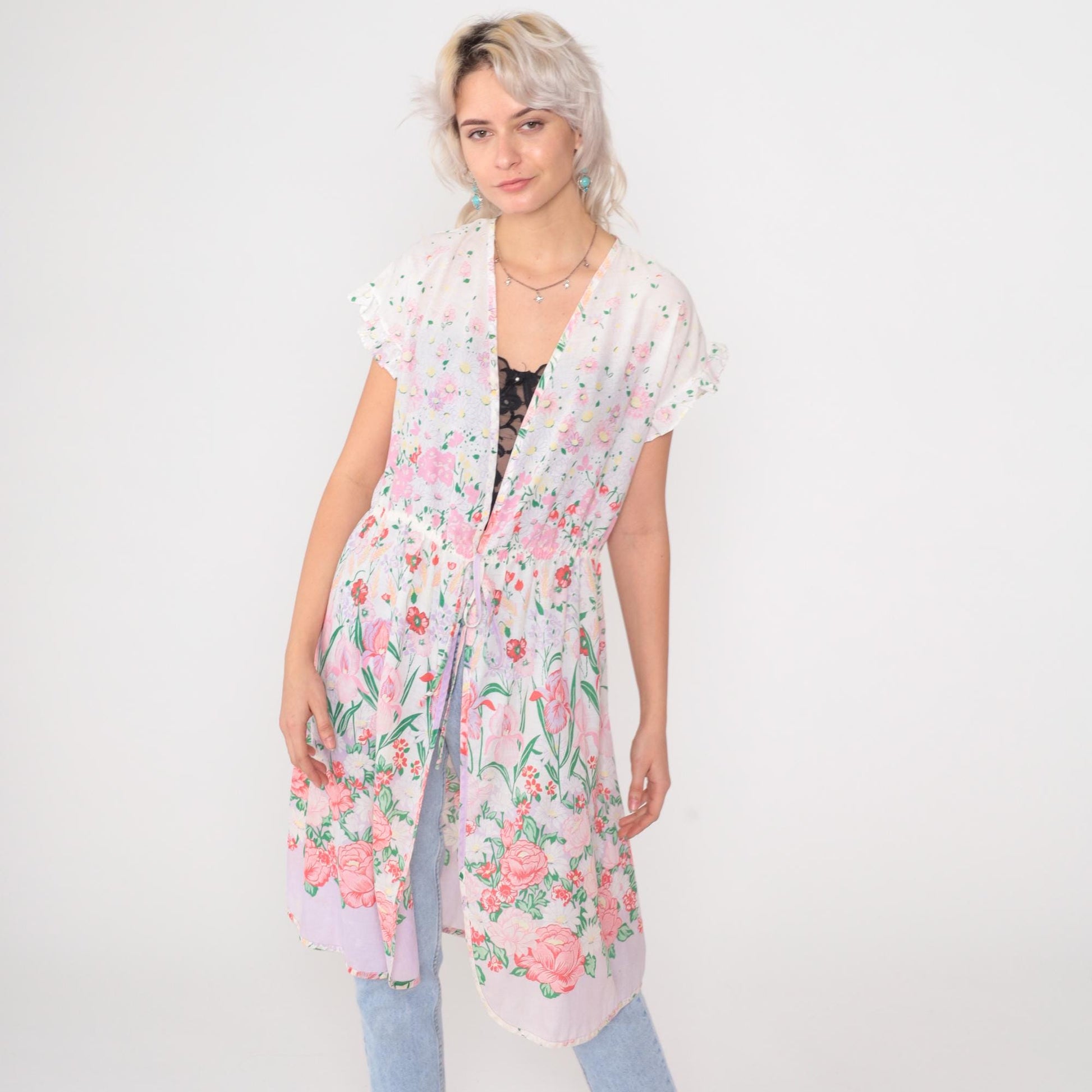 70s Pink Rose Floral Duster Jacket White Cotton Empire Waist Maxi Robe Small