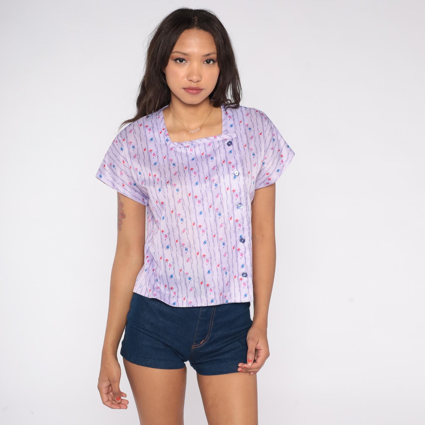 70s Lavender Floral Blouse Purple Striped Square Neck Button Front Short Sleeve Medium