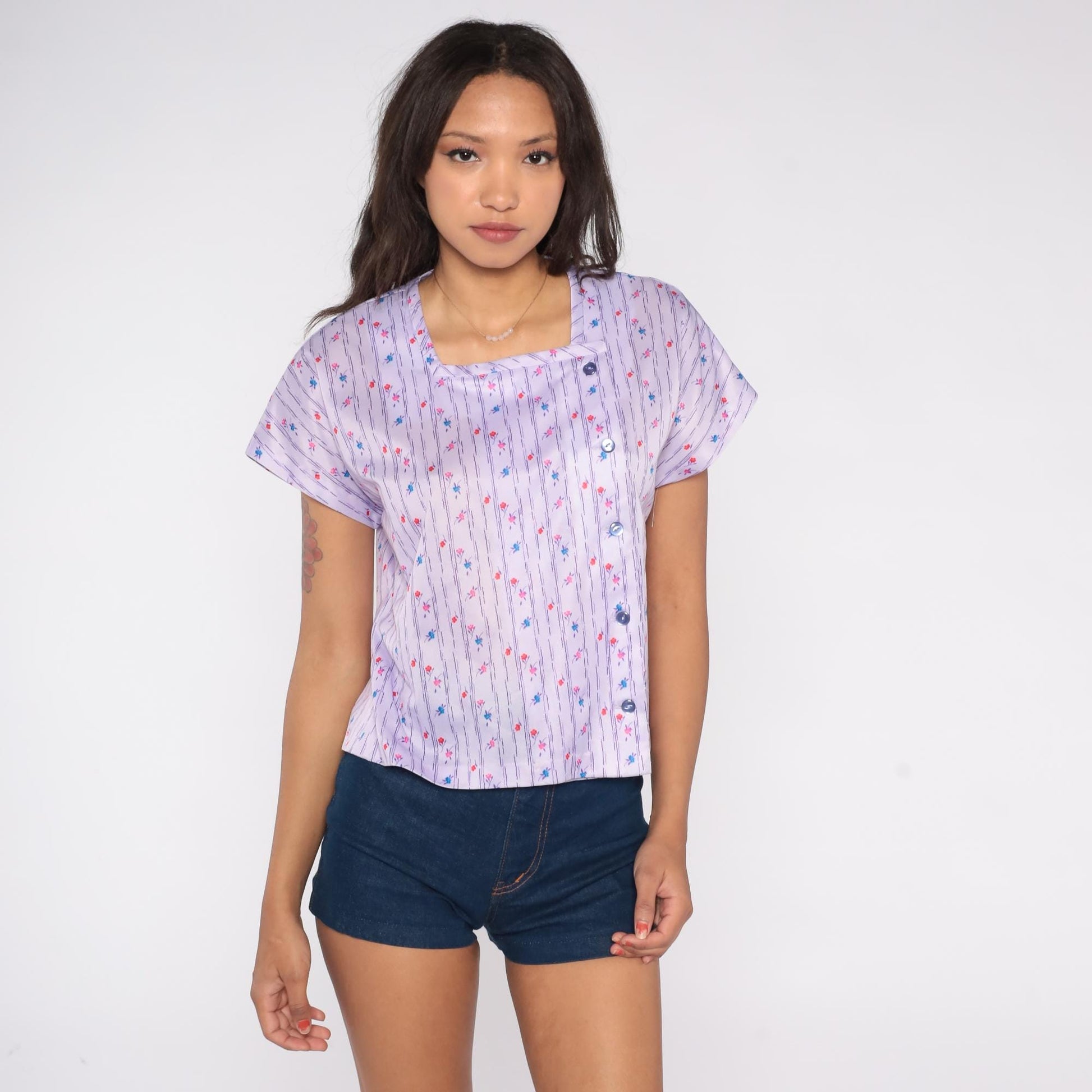 70s Lavender Floral Blouse Purple Striped Square Neck Button Front Short Sleeve Medium