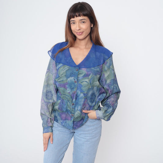 90s Marie St Money Watercolor Floral Button-Down Blouse Blue Purple Large L