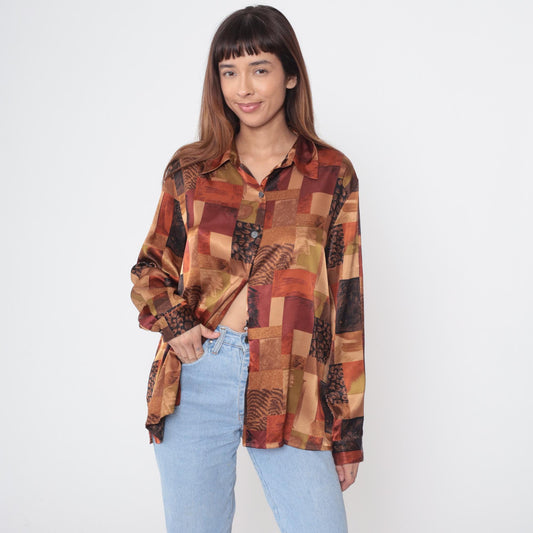90s Abstract Geometric Patchwork Button-Up Shirt Brown Rust Long Sleeve Large