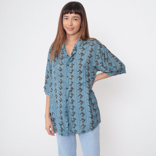 90s Bruno Silk Fish Print Button Down Shirt Blue Medium M