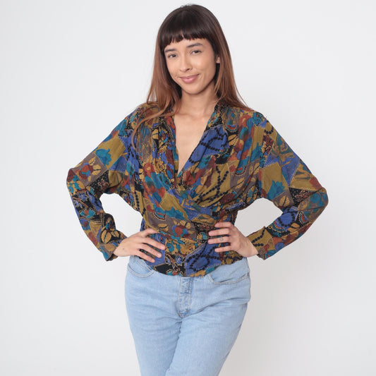 90s Ms Interpret Wrap Blouse Abstract Patchwork Long Sleeve Medium M