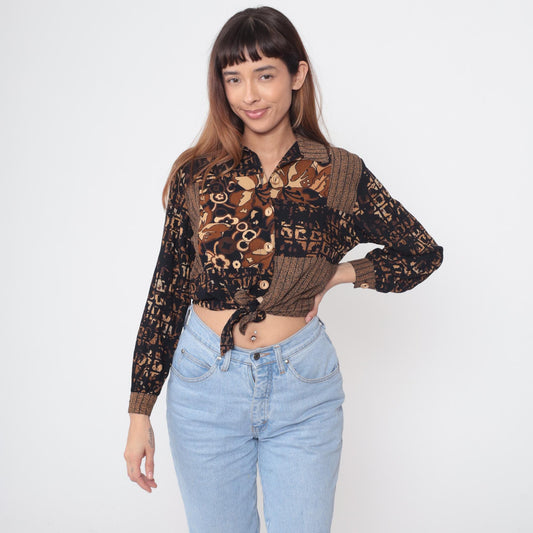 90s Carole Little Abstract Geometric Tie Front Crop Top Brown Small