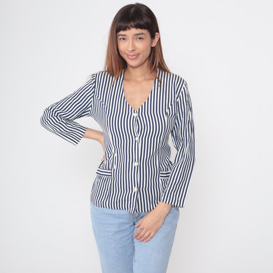 80s Nautical Striped Button-Front Blouse Navy White Pearl Buttons Medium
