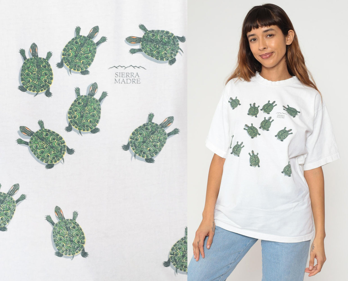 90s Sierra Madre Turtle Graphic T-Shirt White Cotton Crew Neck Medium