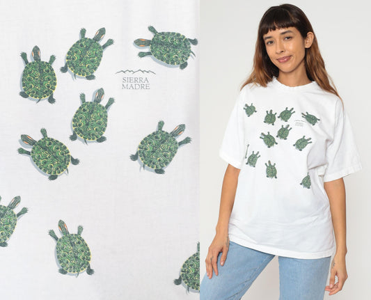 90s Sierra Madre Turtle Graphic T-Shirt White Cotton Crew Neck Medium