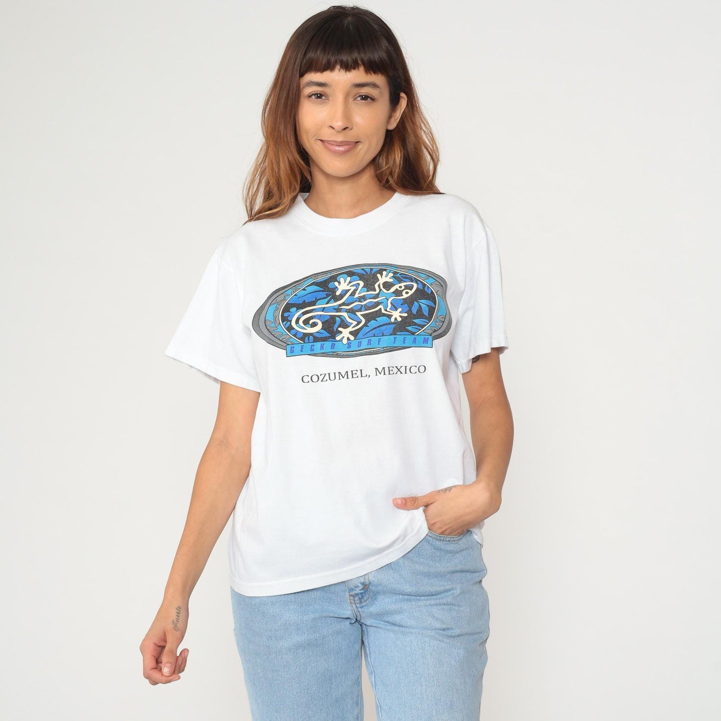 Y2K Gecko Surf Team Cozumel Mexico White Cotton Graphic Tee Medium