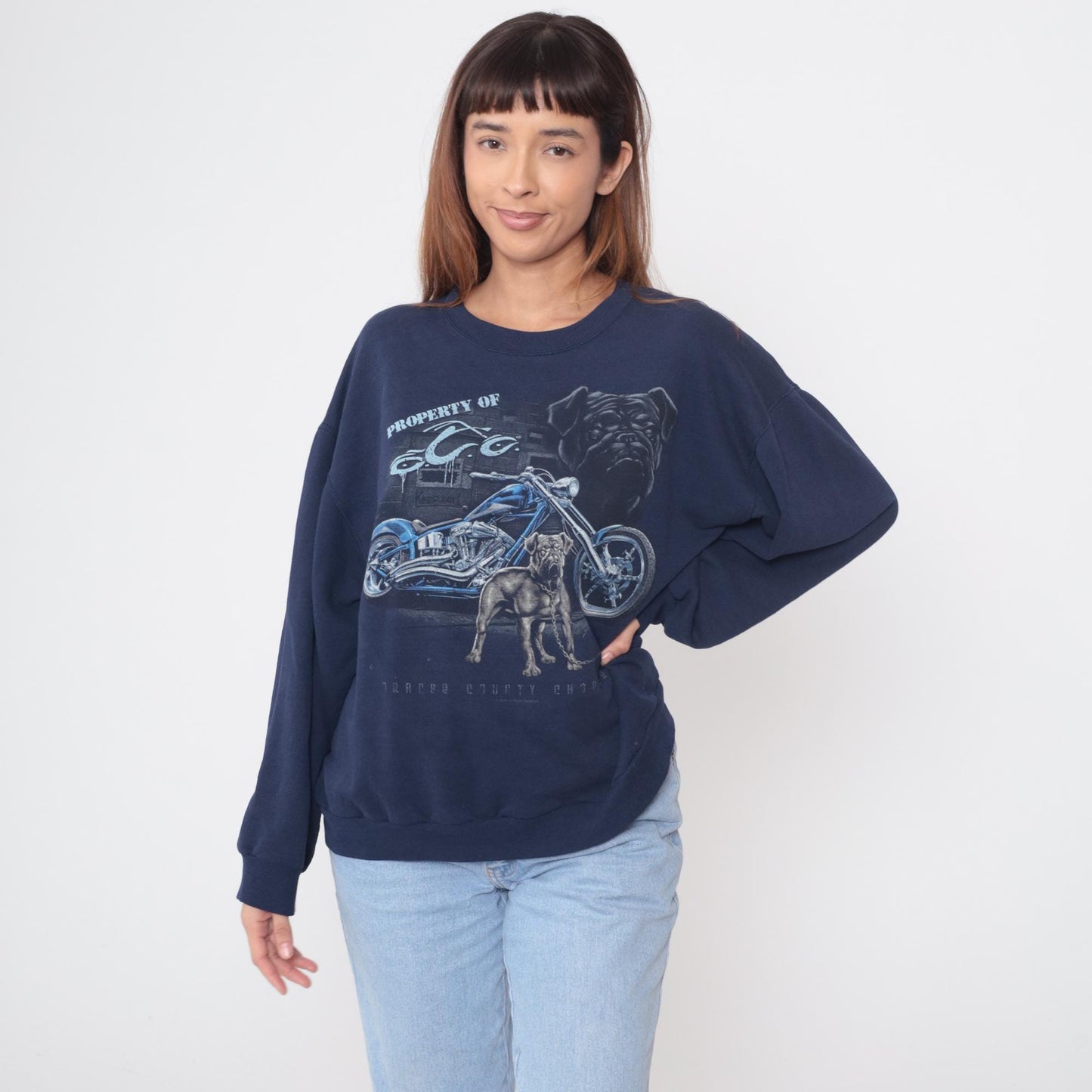 90s Jerzees Biker Sweatshirt Navy Blue Bulldog Motorcycle Graphic Medium M