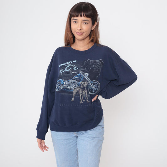 90s Jerzees Biker Sweatshirt Navy Blue Bulldog Motorcycle Graphic Medium M