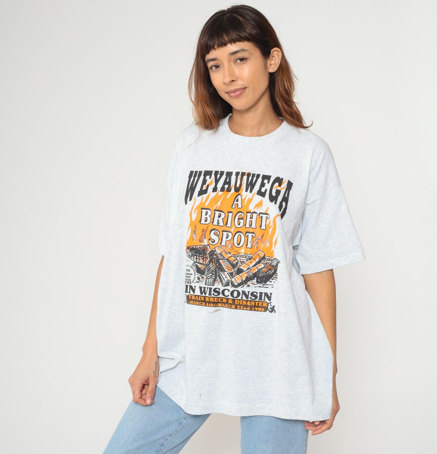 1996 Weyauwega Train Wreck Disaster Event Tee Grey Flame Print XXL