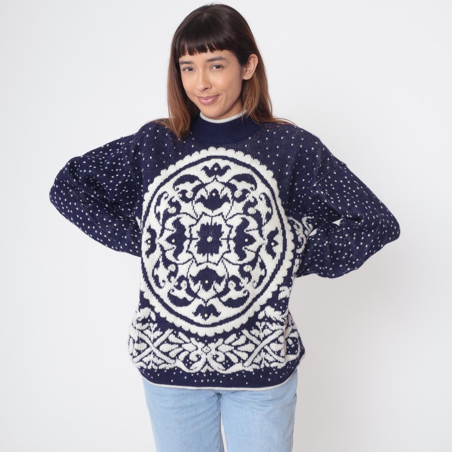 80s Navy Blue White Geometric Medallion Knit Sweater Beaded Crewneck Medium