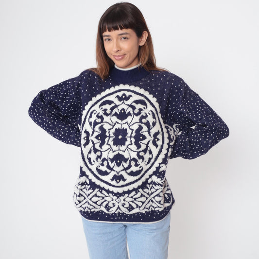 80s Navy Blue White Geometric Medallion Knit Sweater Beaded Crewneck Medium