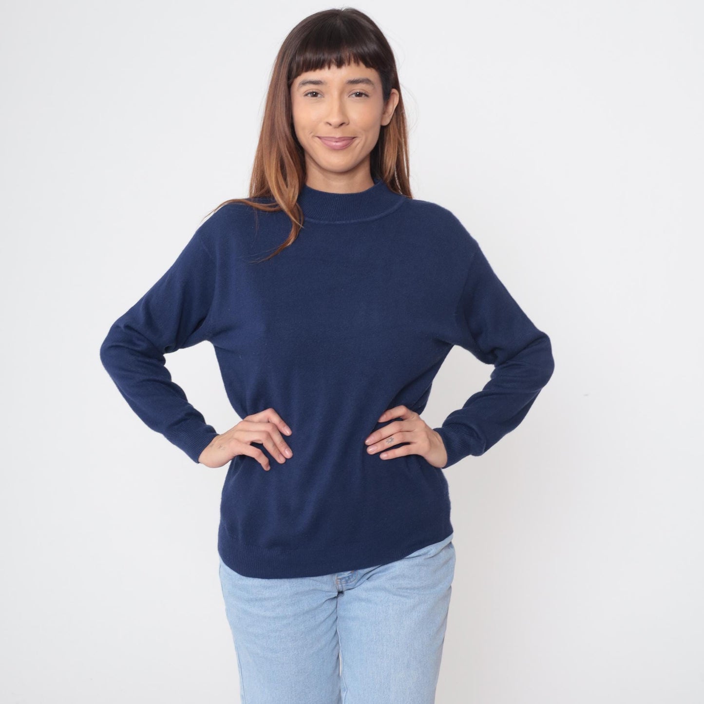 90s Navy Cashmere Sweater Mock Neck Pullover Medium M