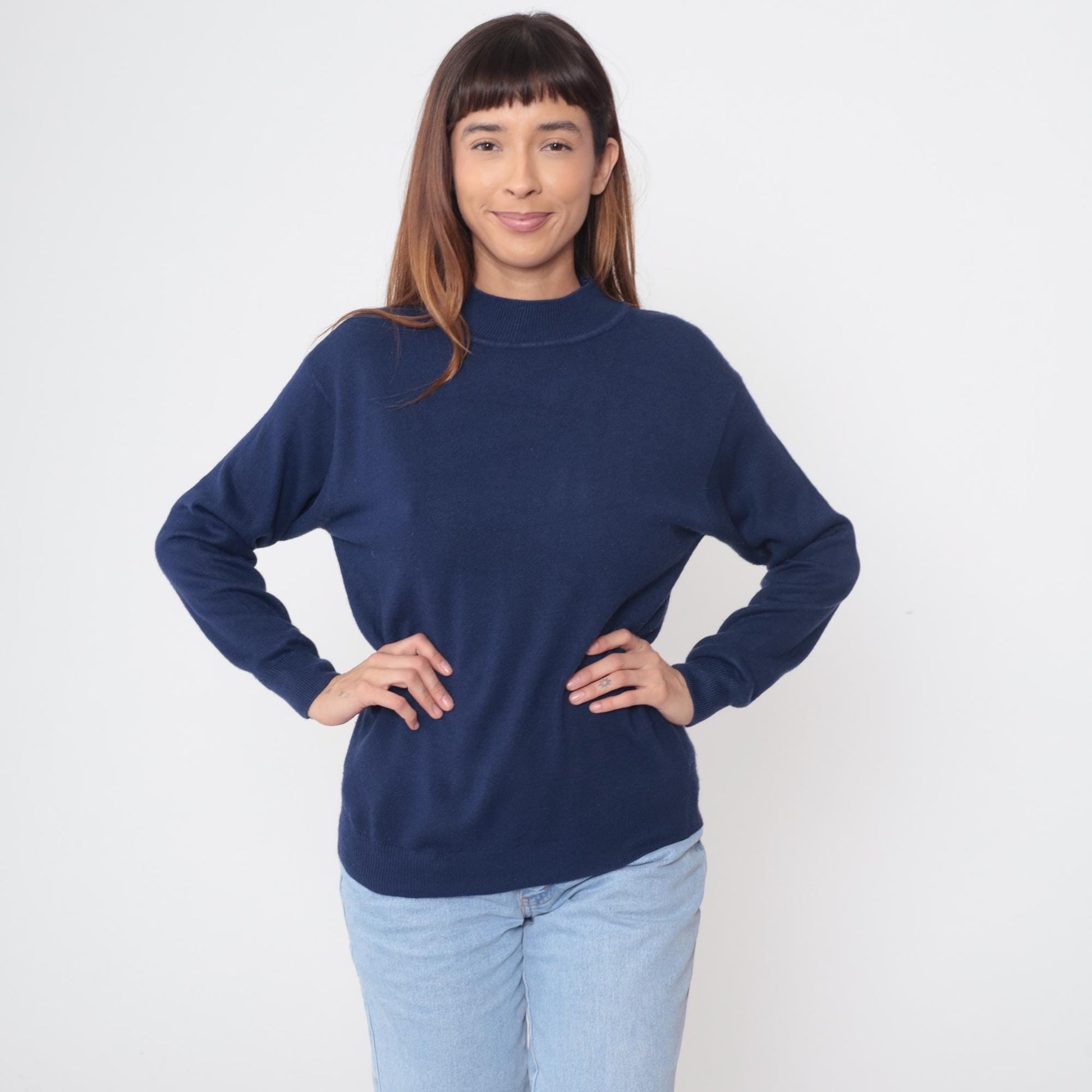 90s Navy Cashmere Sweater Mock Neck Pullover Medium M