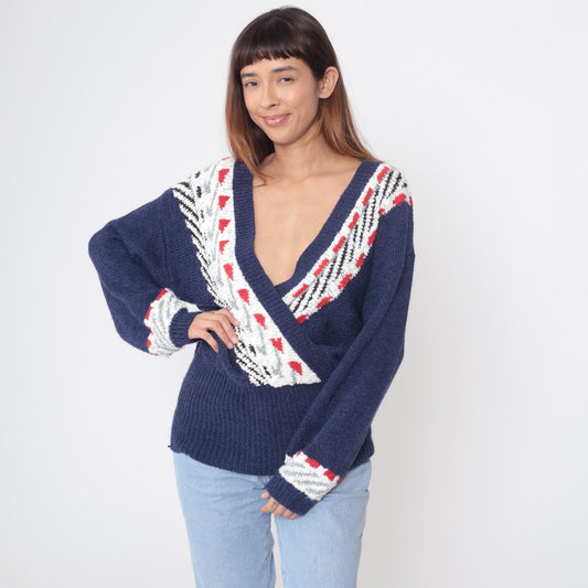 80s Carducci Navy Geometric Knit Pullover Balloon Sleeve V-Neck Large L