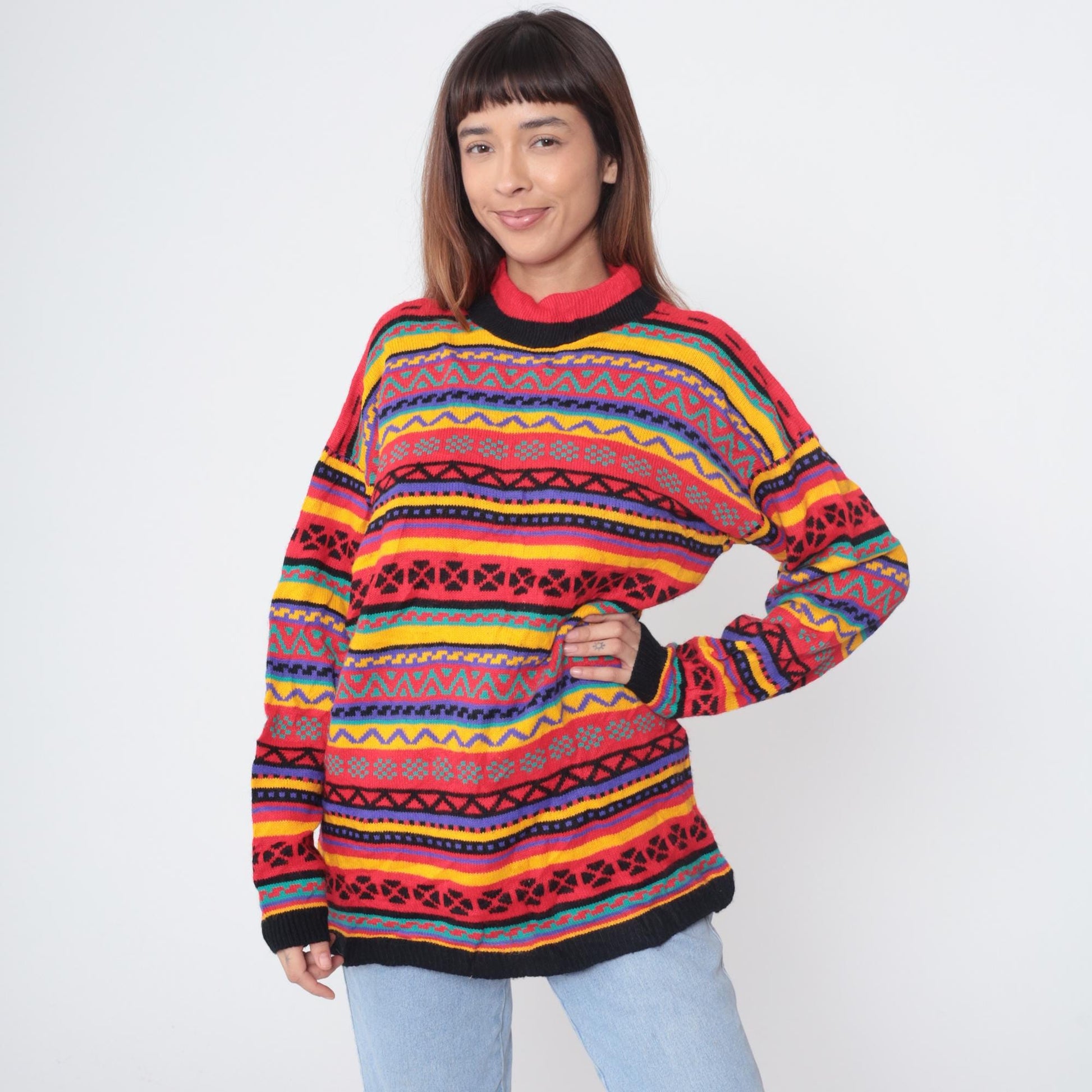 90s Green Lantern Aztec Geometric Sweater Multicolor Crew Neck Medium M