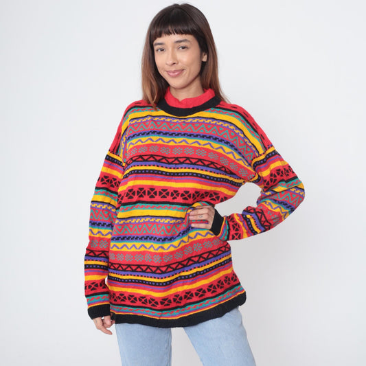 90s Green Lantern Aztec Geometric Sweater Multicolor Crew Neck Medium M