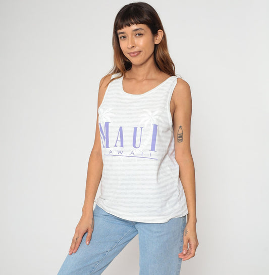 90s Maui Hawaii Tank Top White Stripe Purple Text Palm Tree Medium