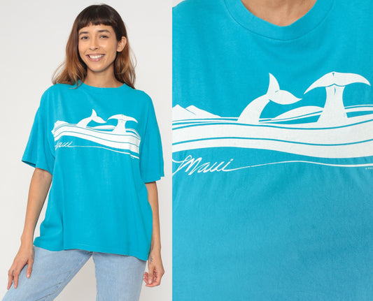 90s Maui Hawaii Whale Graphic Cotton T-Shirt Turquoise Wraparound Extra Large XL