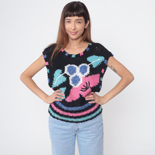 80s Sheridan Unique Knit Sweater Vest Black Floral Hot Pink Electric Blue Medium M