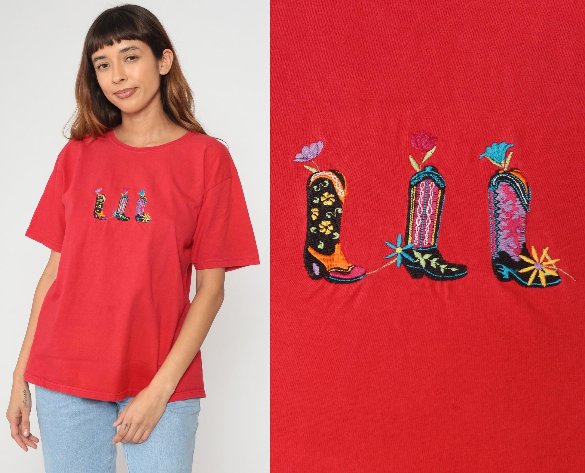 90s Cowboy Boot Embroidered Cotton T-Shirt Red Graphic Tee Medium M