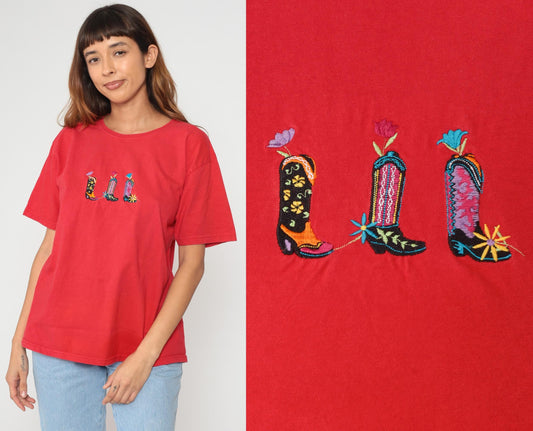 90s Cowboy Boot Embroidered Cotton T-Shirt Red Graphic Tee Medium M
