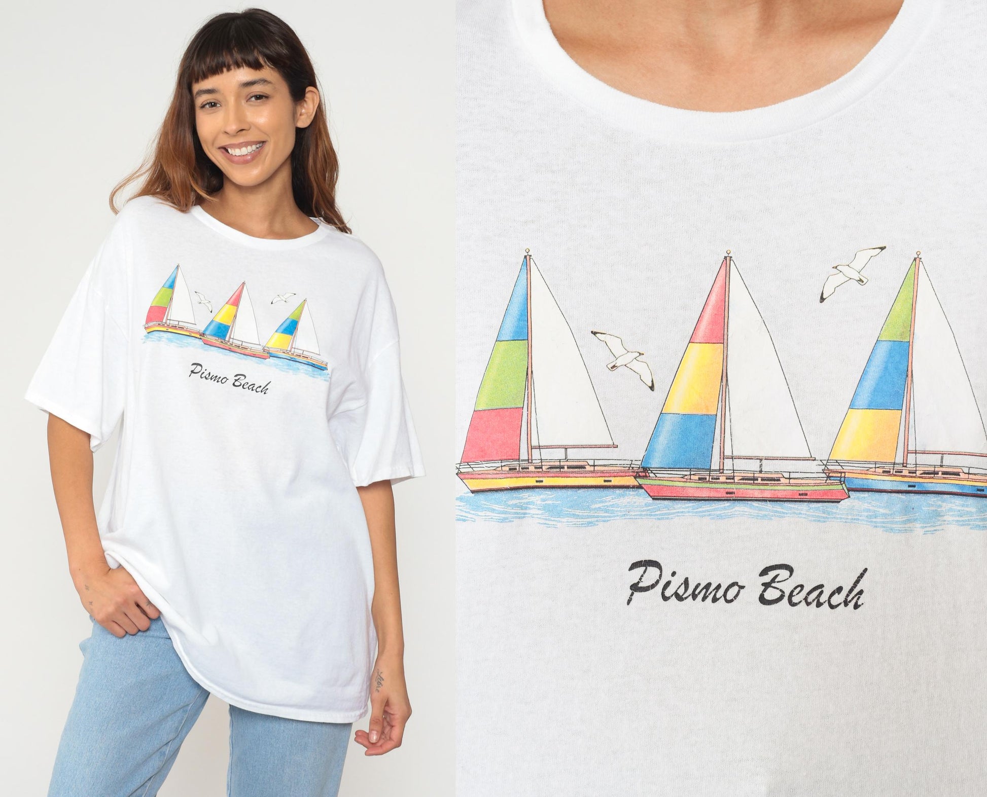 90s Pismo Beach Sailboat Graphic Cotton Tee White Extra Large XL