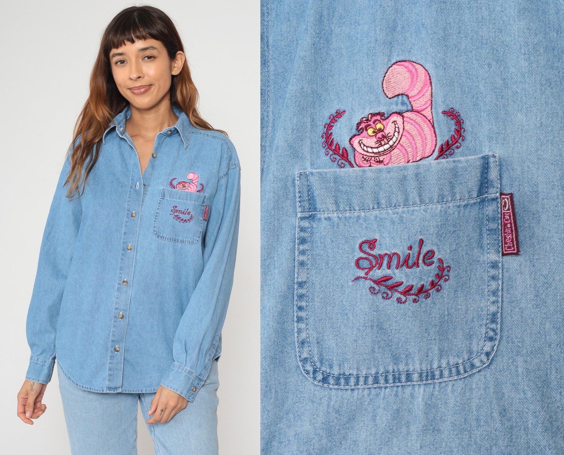90s Disney Cheshire Cat Denim Shirt Embroidered Button Up Small
