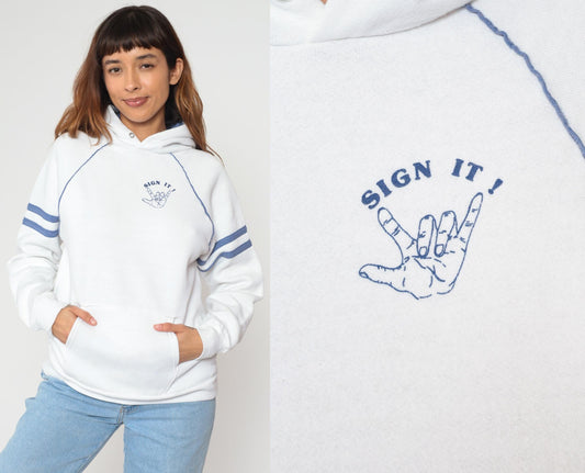 80s Jerzees Sign Language Hoodie White Blue Varsity Raglan Large