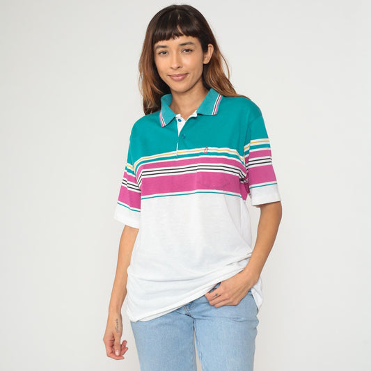 80s Penguin Striped Polo Shirt White Teal Purple Gold Quarter Button Medium