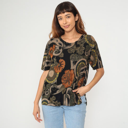 90s Jostar Floral Scroll Print T-Shirt Black Rust Orange Olive Large