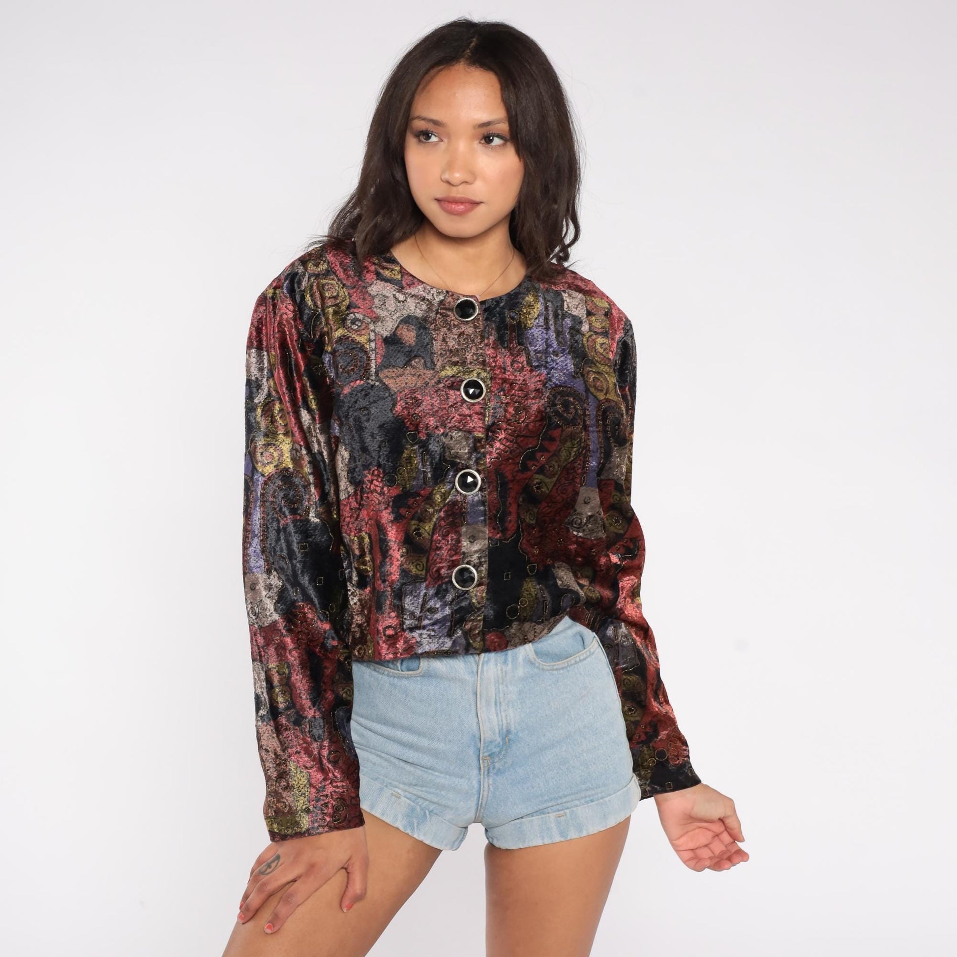90s Options Melrose Cropped Jacket Abstract Art Pattern Burgundy Purple Gold Black Medium