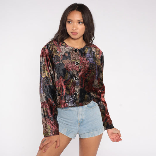 90s Options Melrose Cropped Jacket Abstract Art Pattern Burgundy Purple Gold Black Medium