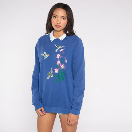 90s Hummingbird Columbine Floral Sweatshirt Blue Cotton Blend Collared Extra Large XXL