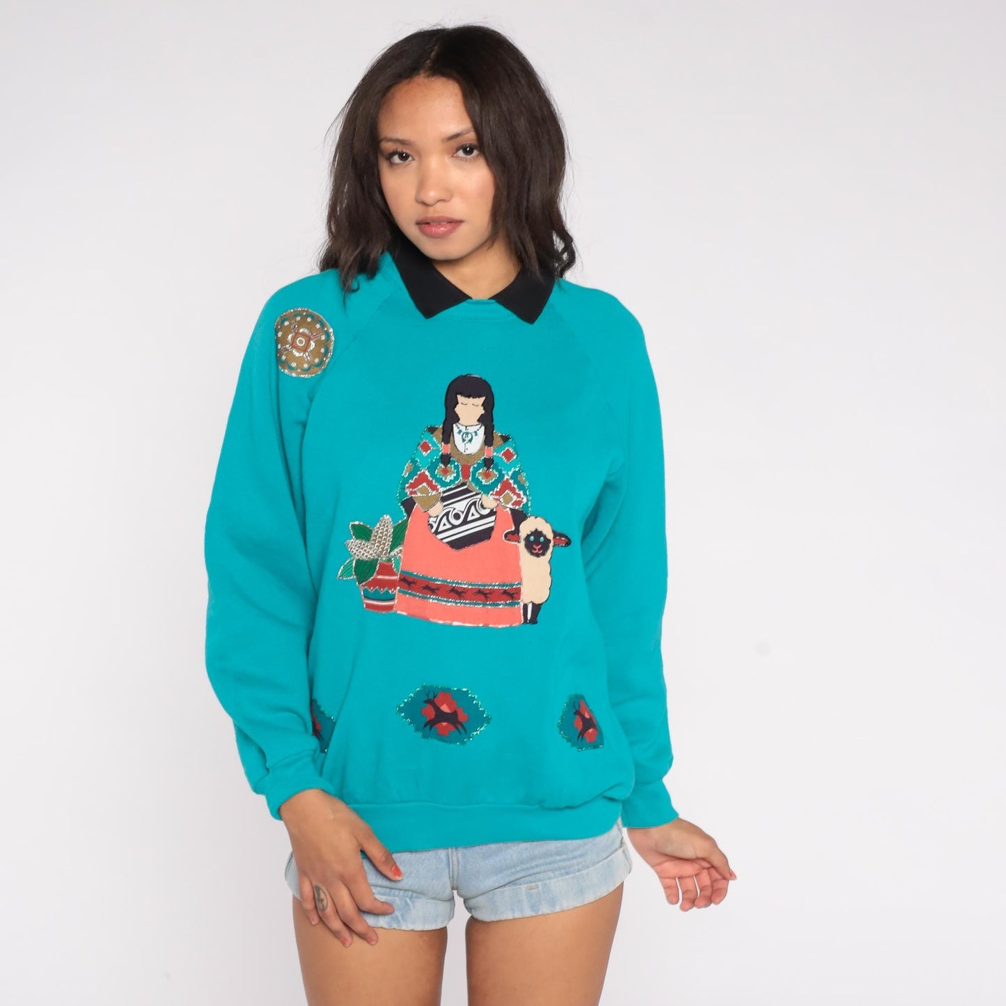 90s Southwestern Collared Sweatshirt Turquoise Native American Applique Large L