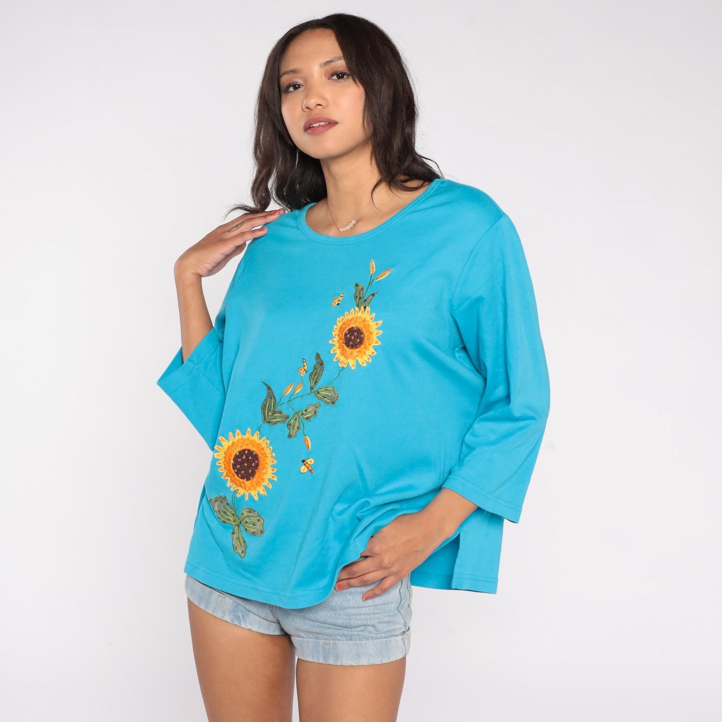 90s Sunflower Bee Embroidered Turquoise Cotton Knit Top Long Sleeve Extra Large XL