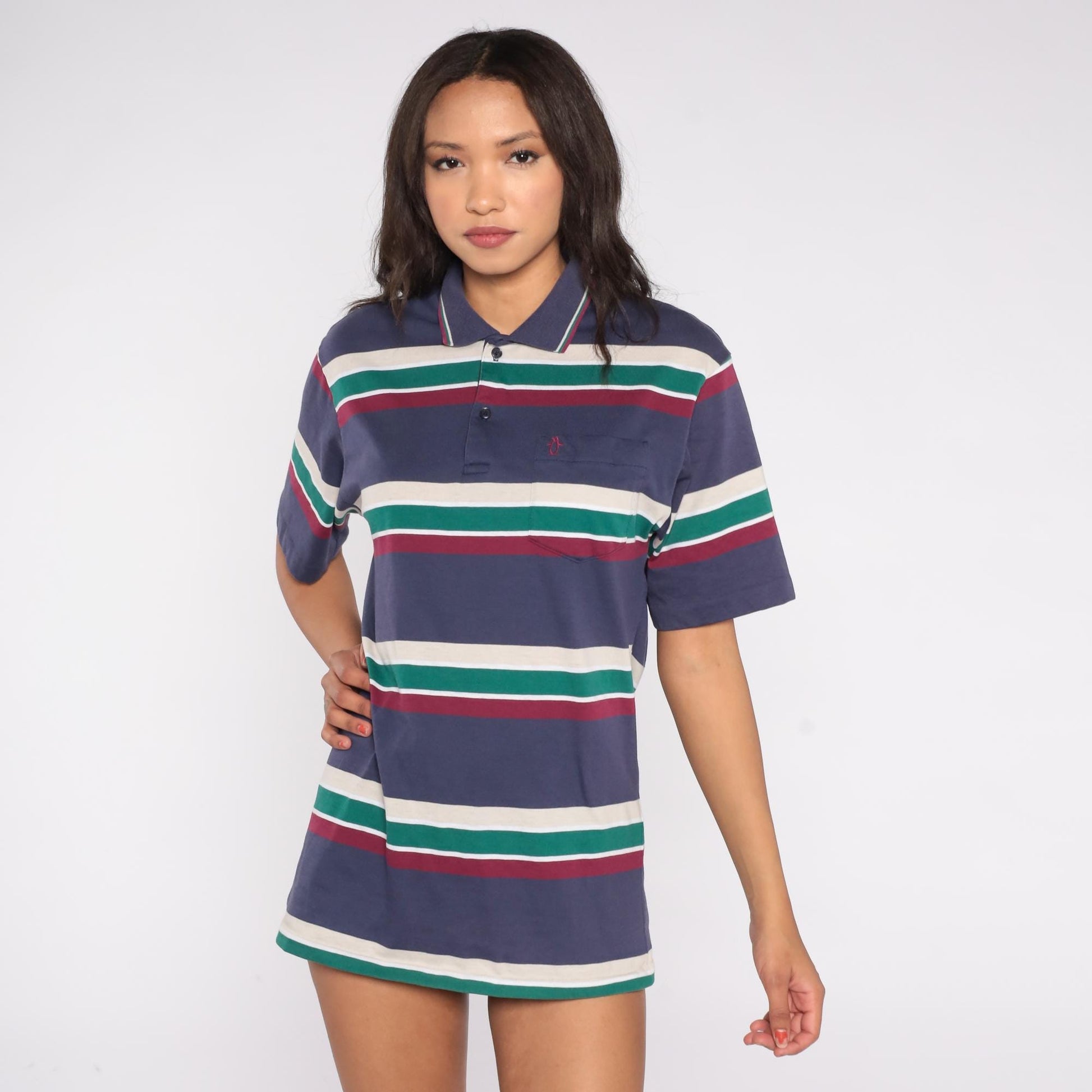 80s Penguin Club Striped Polo Shirt Navy Cream Green Burgundy Medium M